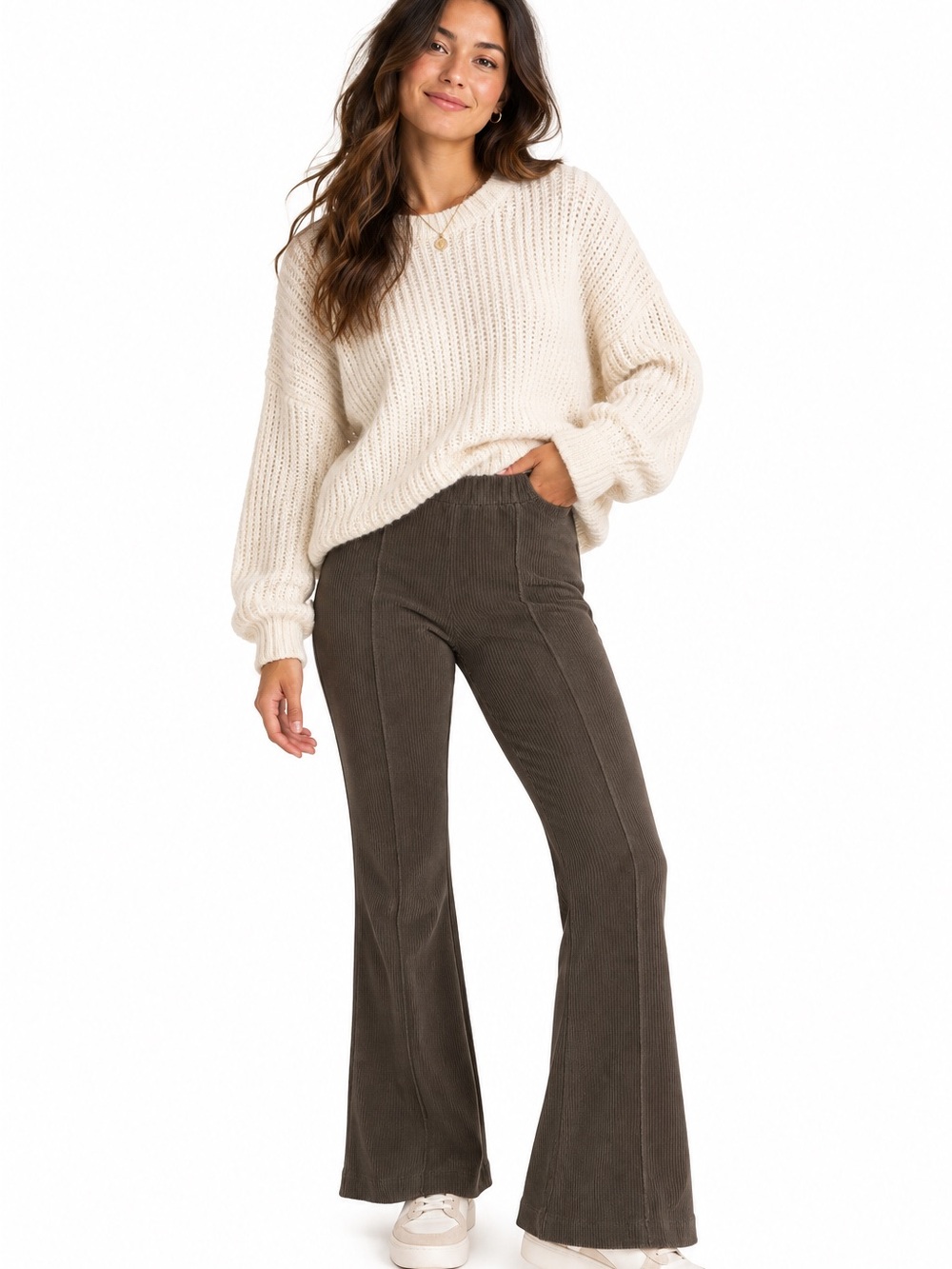 Aerie Ribbed Flare Pants Womens M Short Brown Olive High Rise Pull On